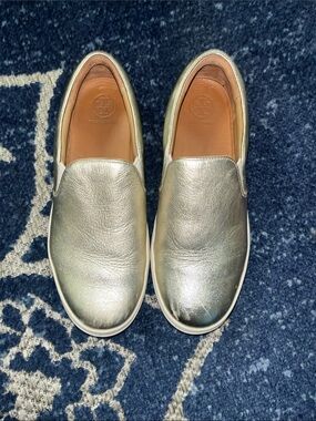 Tory Burch Metallic Silver Leather Slip-On Sneakers